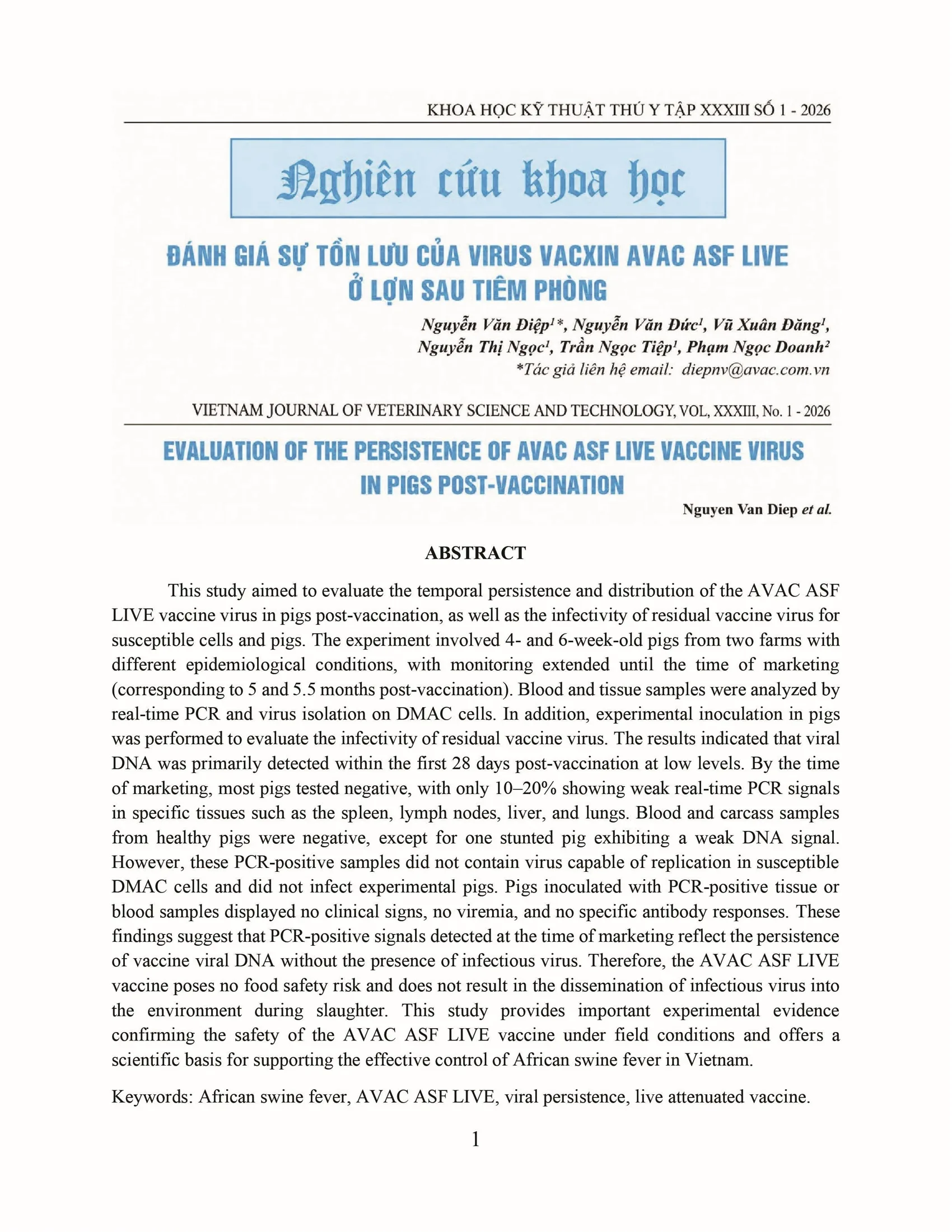 Evaluation of the persistence of AVAC ASF LIVE vaccine virus