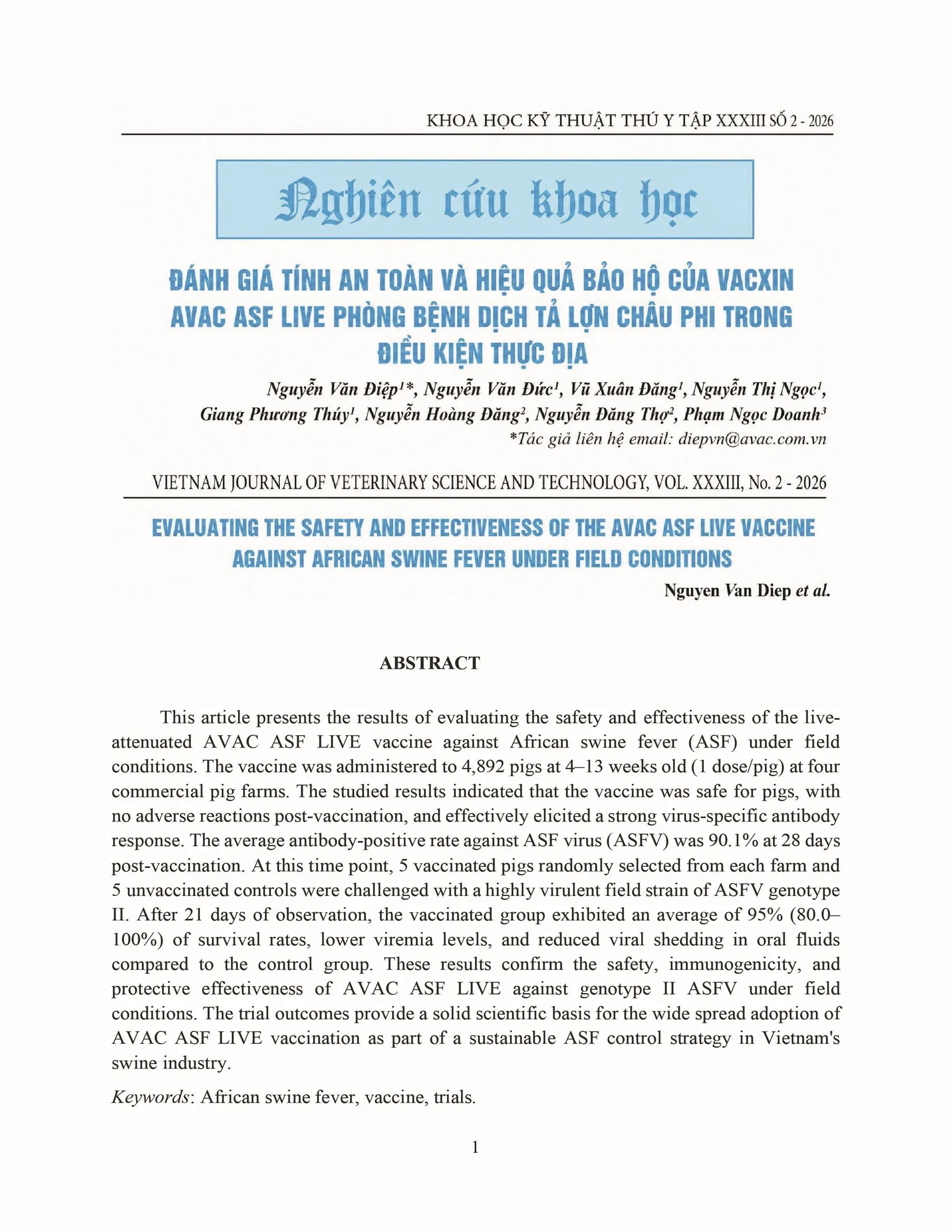 Evaluating the safety and effectiveness of the AVAC ASF LIVE vaccine against African swine fever under field conditions