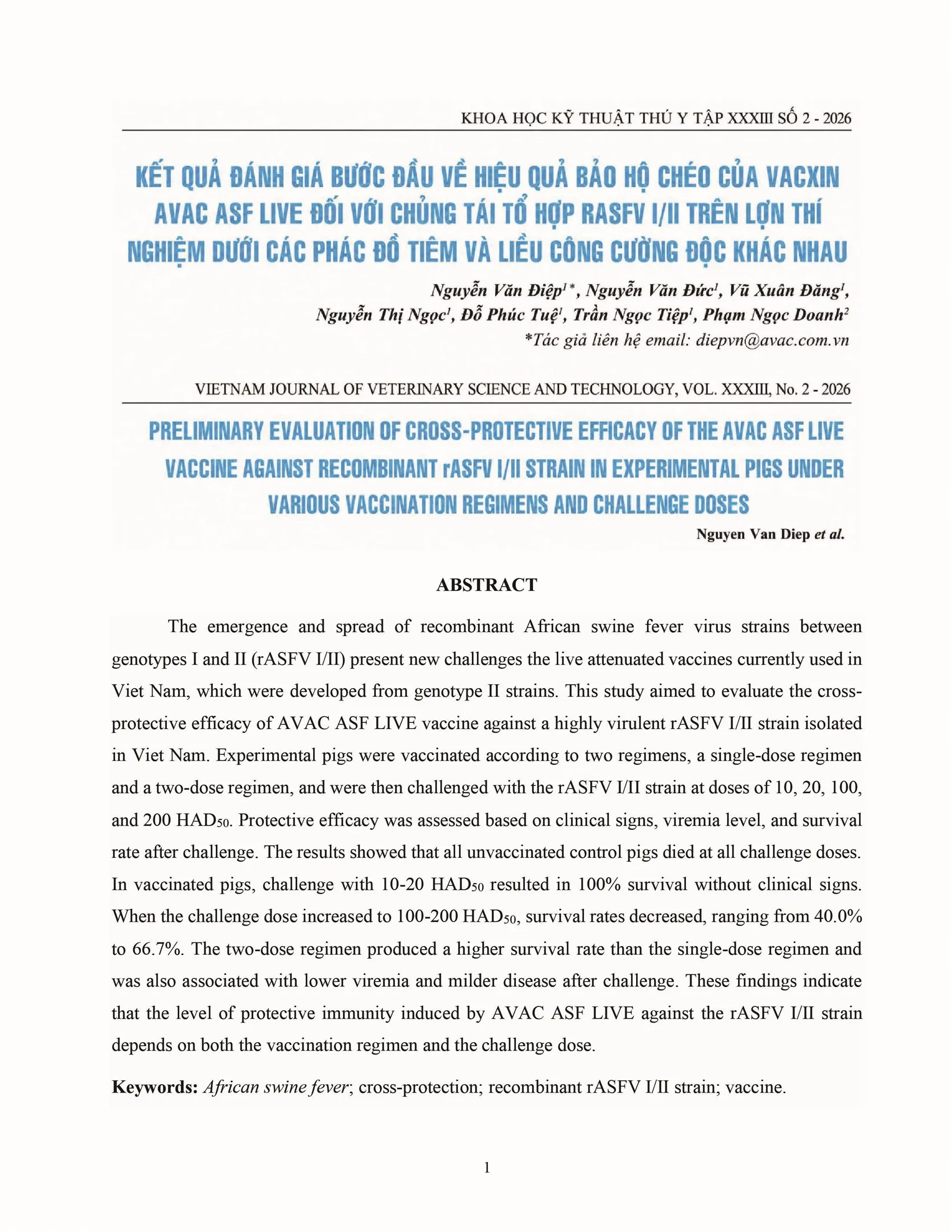 Cross-protective efficacy of the AVAC ASF LIVE vaccine against recombinant rASFV I,II strain